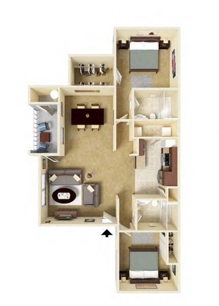Floor plan for 2 beds, 2 baths, 1080 sqft